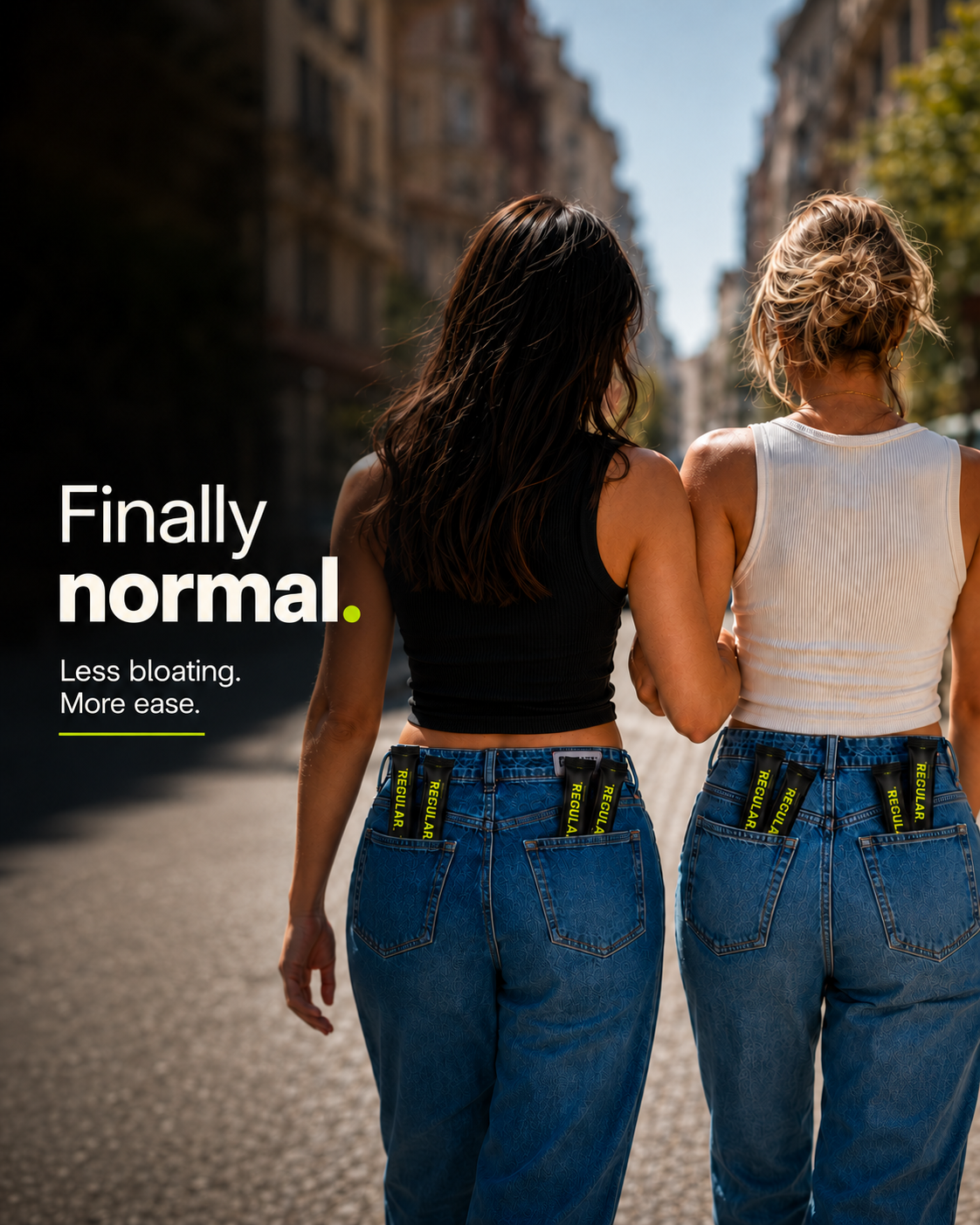 Two women walking with REGULAR sticks in their back pockets